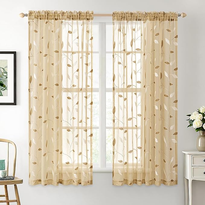 MIULEE Khaki Sheer Curtains 2 Panels Embroidered Leaf Patterned Rod Pocket - Image 2