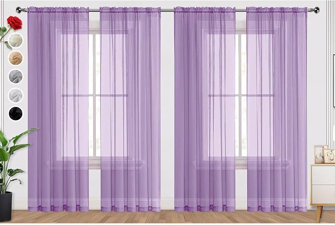 SpaceDresser Lavender Sheer Curtains 4 Panels Rod Pocket Semi-Sheer Curtain 108 by SpaceDresser