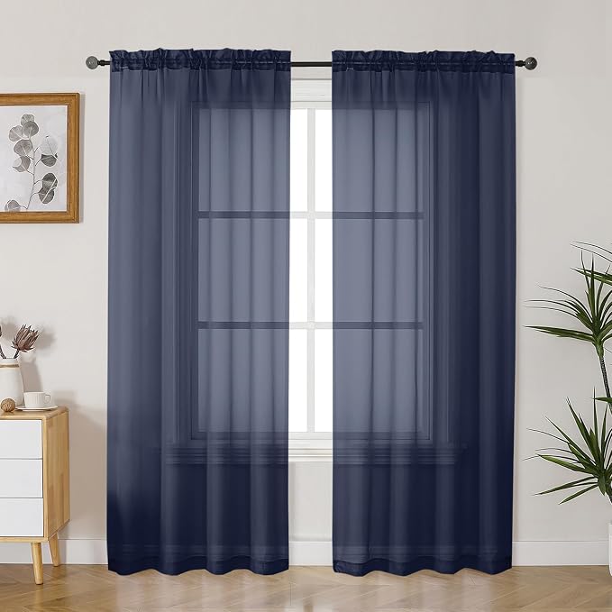 Gwine Navy Blue Sheer Curtains 72 Inches Long 2 Panels Set by Gwine