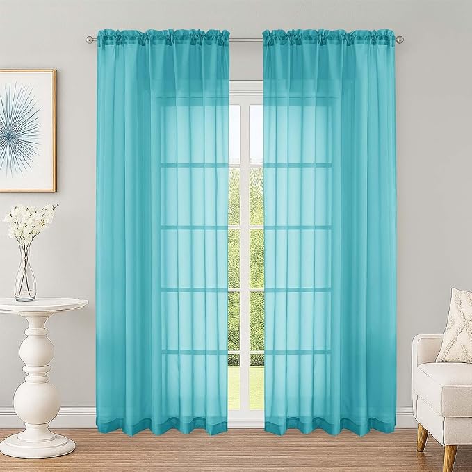 OWENIE Sheer Curtains 84 Inches Long 2 Panels Set, Sheer Turquoise Curtains by OWENIE