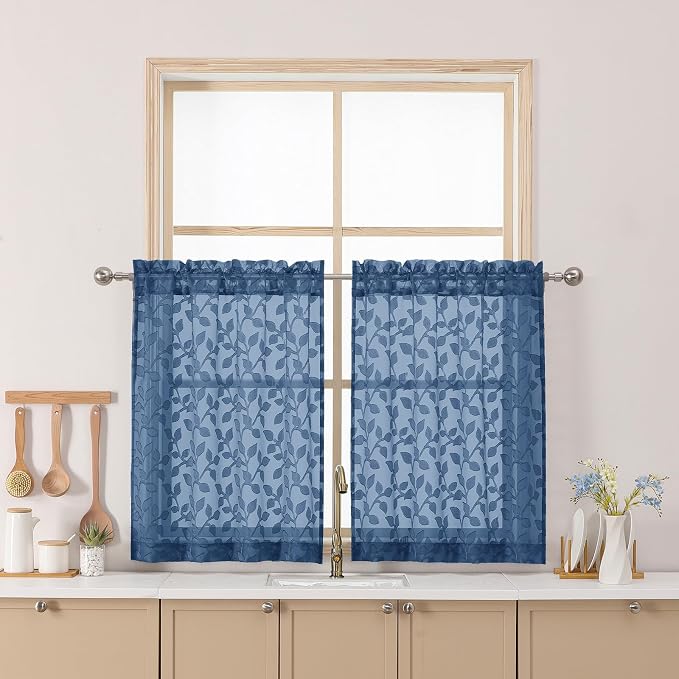Chyhomenyc Dusty Blue Sheer Curtains 30 Inch Length, Light Filtering Leaf by Chyhomenyc