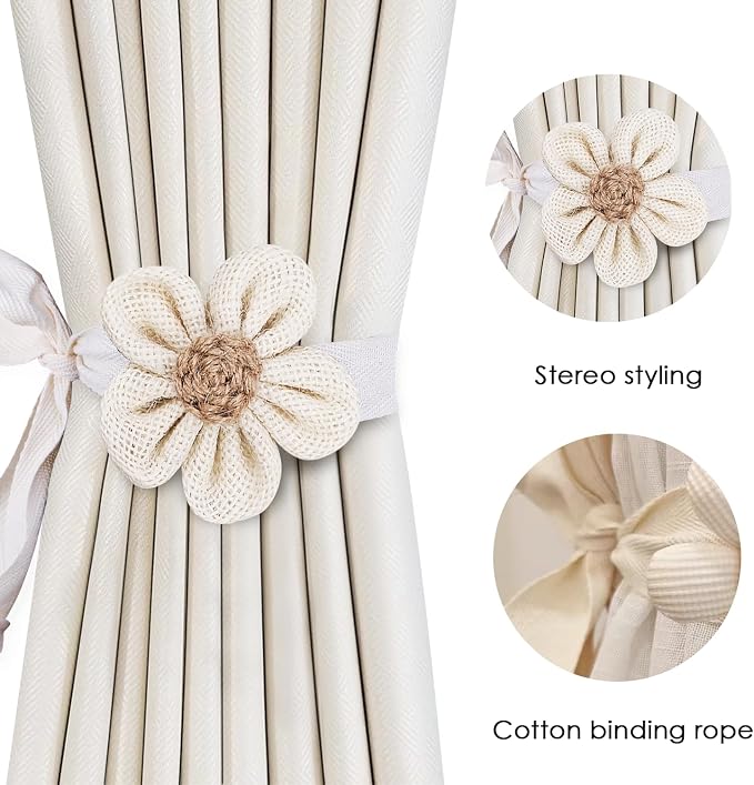 SRG 4pcs Handmade Rope Curtain Tiebacks | Boho Flower Curtain Holdbacks | - Image 4