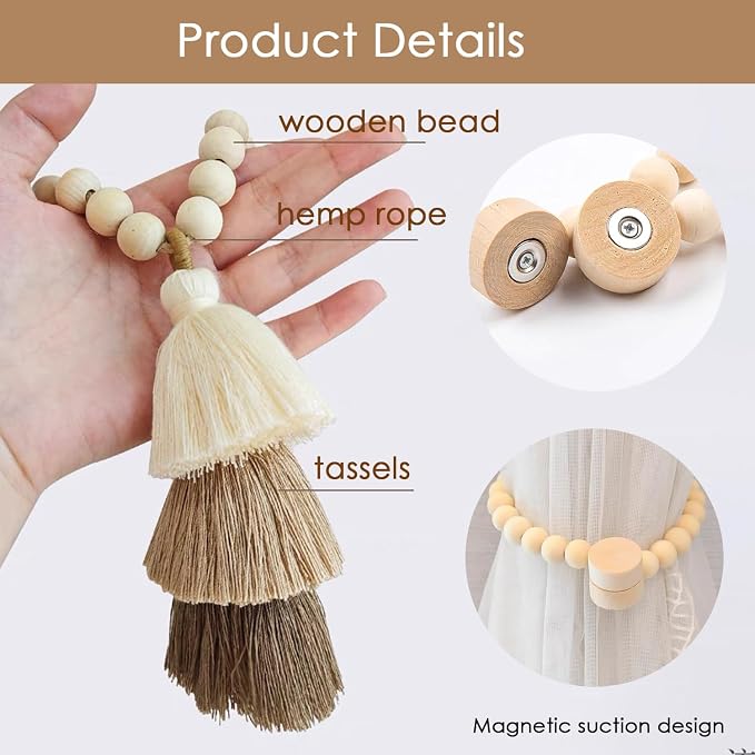 SRG Handmade Magnetic Wooden Bead Curtain Tiebacks 2 PCS | Simple Elegant - Image 3