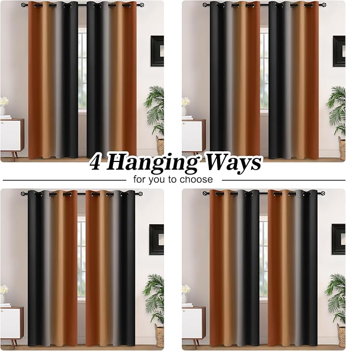 Yakamok Blackout Ombre Burnt Orange and Black Curtains-Gradient Room Darkening - Image 2