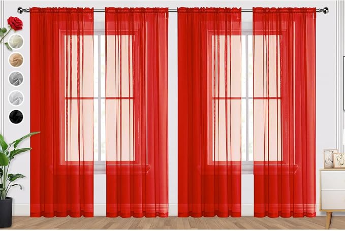 SpaceDresser Sheer Red Curtains 4 Panels Rod Pocket Semi-Sheer Curtain 108 by SpaceDresser