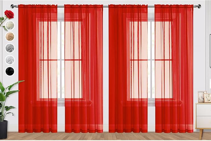 SpaceDresser Sheer Red Curtains 4 Panels Rod Pocket Semi-Sheer Curtain 54 by SpaceDresser