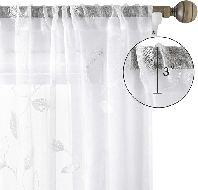 HOMEIDEAS White Sheer Kitchen Curtains 52 x 54 Inch Length 2 Panels Embroidered - Image 6