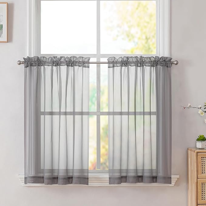 Simplebrand Grey Short Sheer Kitchen Tier Curtains 36/42 Inch Rod Pocket Cafe by Simplebrand