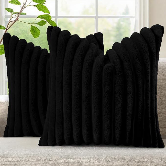 decorUhome Fall Faux Fur Throw Pillow Covers 26x26 Set of 2 Black | Decorative by decorUhome
