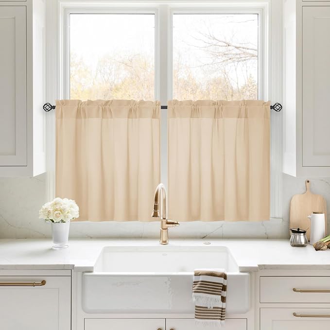 HOMEIDEAS Non-See-Through Beige Privacy Sheer Kitchen Curtains, 30 X 24 Inches by HOMEIDEAS
