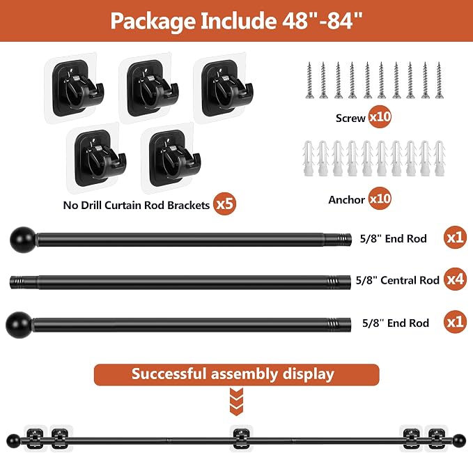 Curtain Rods No Drilling for Windows 48 to 84-96 Inch, 5/8 Inch Diameter Drapey - Image 4