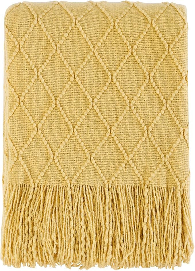 BOURINA Mustard Throw Blanket 50x60 Inches Throw Textured Solid Soft Sofa Couch by BOURINA