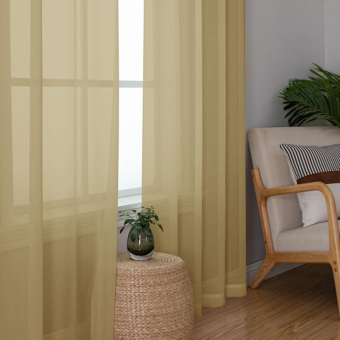 OWENIE Gold Sheer Curtains, 63 Inch Length 2 Panels Set, Soft Voile Drapes - Image 2