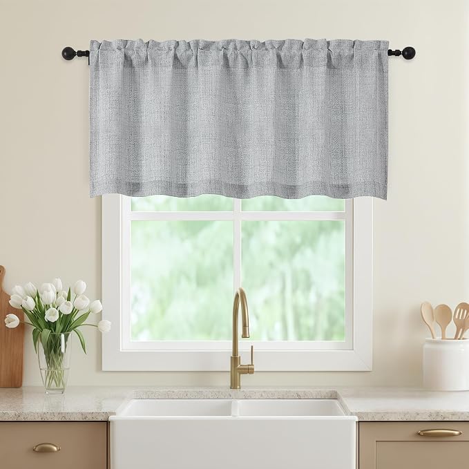 Grey Valances for Windows, Light Filtering Faux Linen Textured Small Short by WelvetBLK