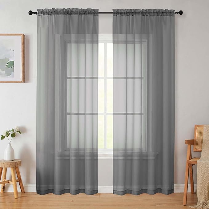 Grey Sheer Curtains 84 Inches Long 2 Panels, Soft Airy Light Filtering Curtains by WelvetBLK