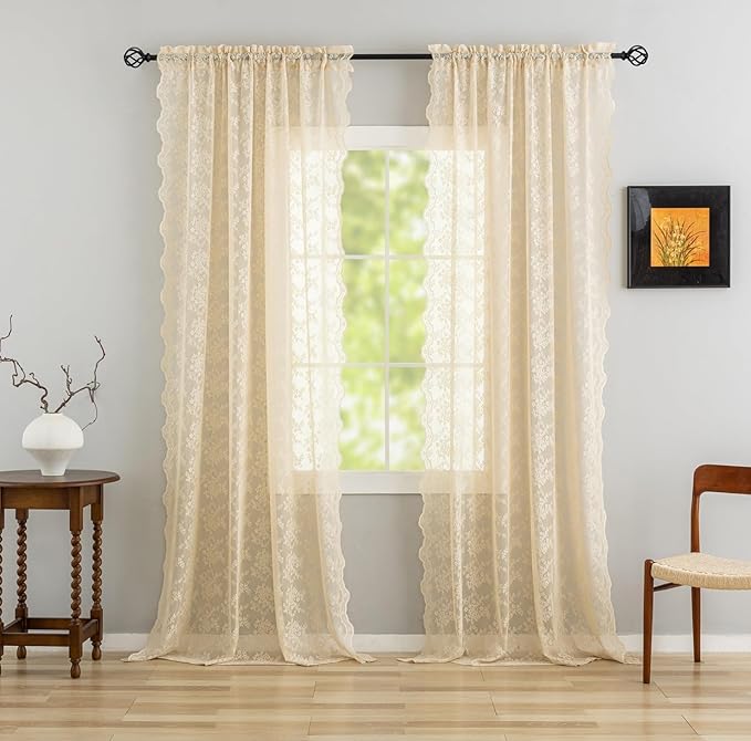 YJ YANJUN Vintage Lace Curtains 108 Inches Long-Victorian Floral Beige Sheer by YJYANJUN