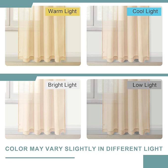 DWCN Beige Sheer Curtains Semi Transparent Voile Rod Pocket Curtains - Image 2
