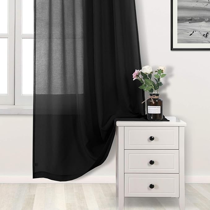 DWCN Black Sheer Curtains Semi Transparent Voile Rod Pocket Curtains - Image 3
