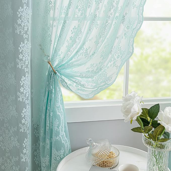 YJ YANJUN Vintage Lace Curtains 84 Inches Long-Victorian Floral Pattern Aqua - Image 5