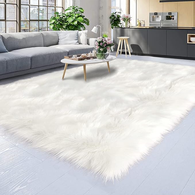 Latepis White Faux Fur Sheepskin Rug 4x6 - Image 7