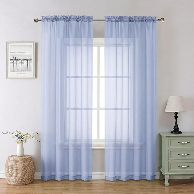 Lecloud Denim Blue Sheer Curtains 84 Inches Long 2 Panels, Light Filtering by Lecloud