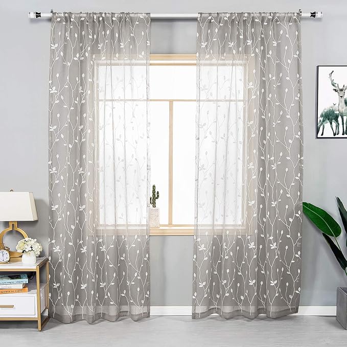AmHoo 2 Panels Embroidered Leaf Pattern Semi Sheer Curtains Foliage Floral - Image 2