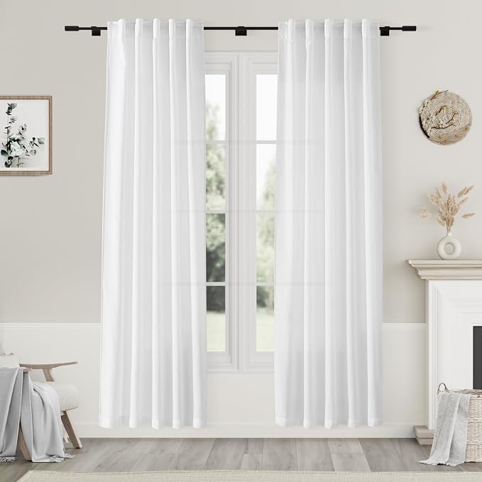 Nanspring White Semi Sheer Linen Curtains 80 Inch Length 2 Panel Set Thermal by Nanspring