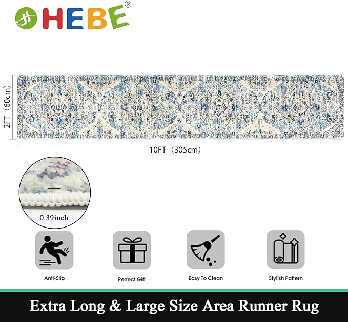HEBE Hallway Runner Rug 2'x10' Washable Vintage Distressed Area Rugs Non Slip - Image 2