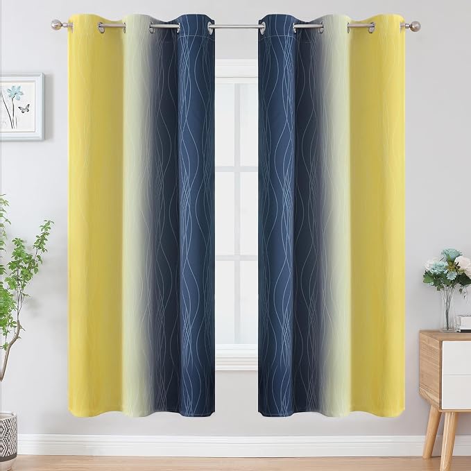 Estelar Textiler Navy Blue and Yellow Ombre Blackout Curtains - Image 2