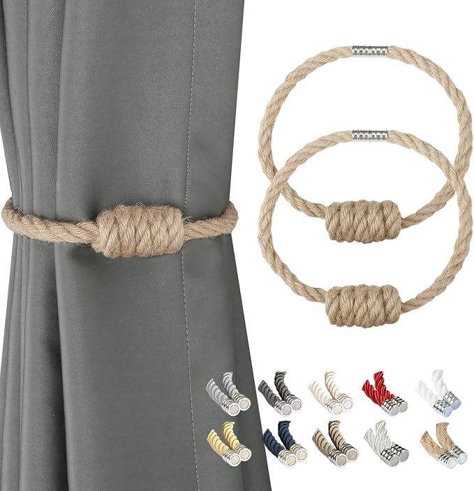 BEL AVENIR Magnetic Jute Curtain Tiebacks, Decorative Drapery Holdbacks by BELAVENIR