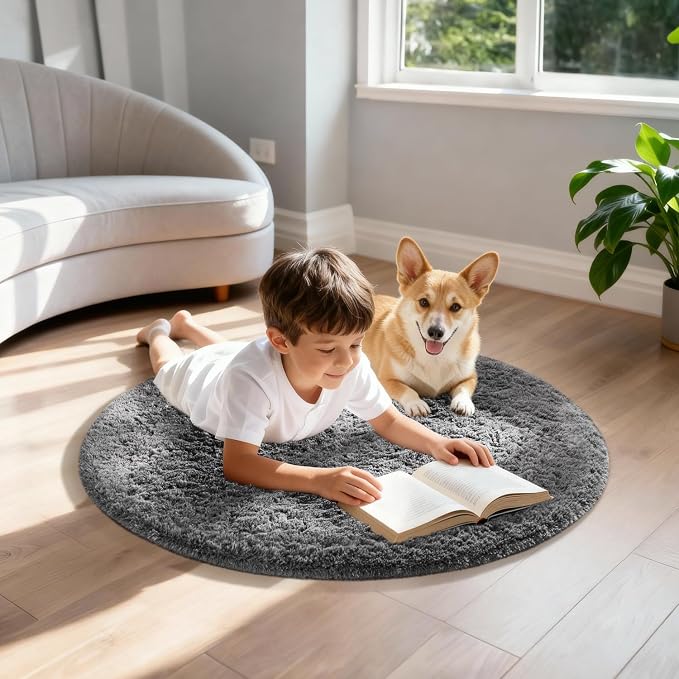Ophanie Round Rug 2Ft Grey Circle Area Rug, Fluffy Fuzzy Bedroom Carpet - Image 5