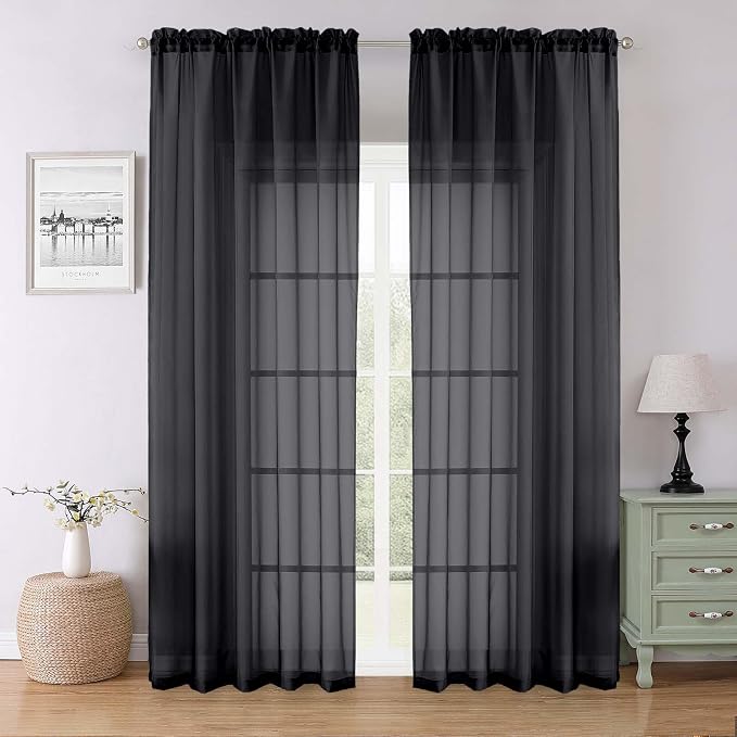 Lecloud Black Sheer Curtains 90 Inches Long 2 Panels, Light Filtering Privacy by Lecloud
