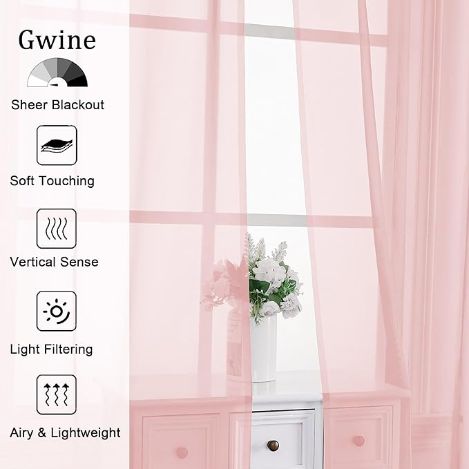 Gwine Blush Pink Sheer Curtains 84 Inches Long 2 Panels Set - Image 2
