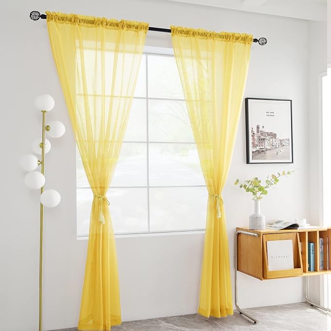 youleyar Solid Sheer Rod Pocket Curtain Voile Draperies 2 Panels White Beige - Image 2