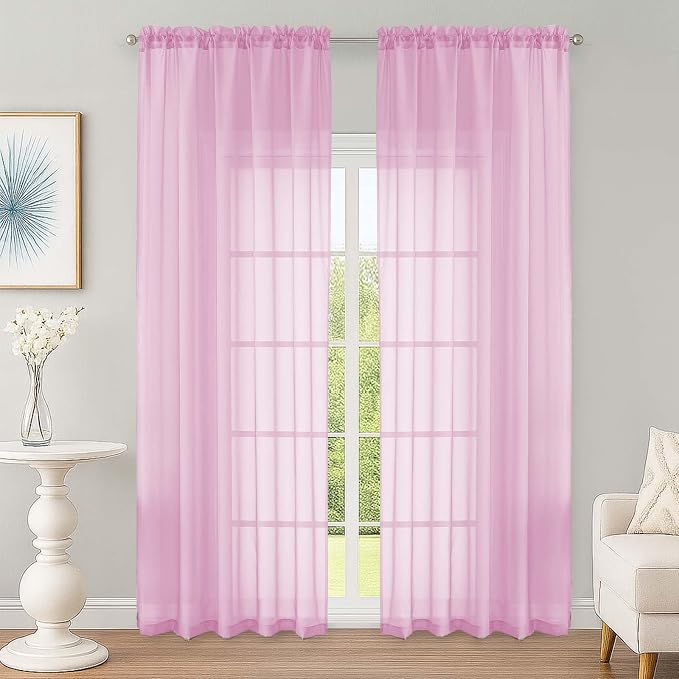 OWENIE Pink Sheer Curtain 90 Inches Long 2 Panels Set, Solid Filmy Drapes by OWENIE