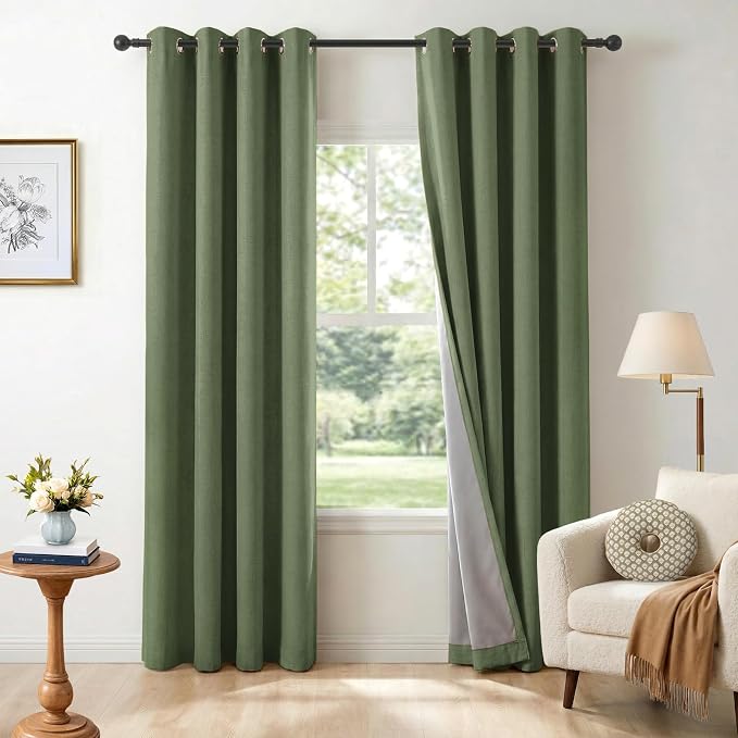 100% Blackout Linen Textured Curtains 72 Inch Long, Olive Green | 100% Blackout by 100BlackoutShield
