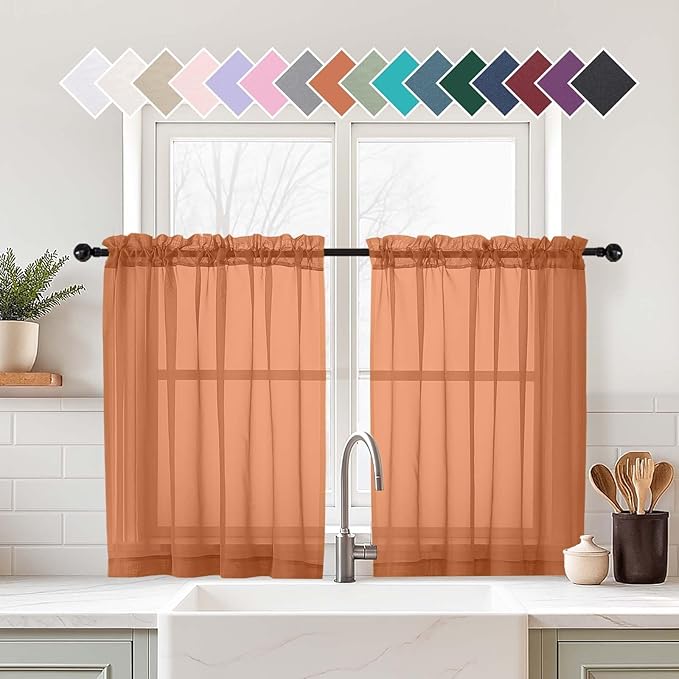 Orange Sheer Curtains Tier 30 Inches Length 2 Panels Set, Light Filtering by Home