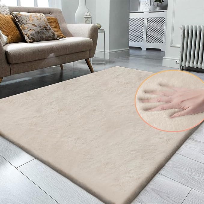 ORINOVA Beige Plush Faux Washable Rabbit Fur Area Rugs - Image 3