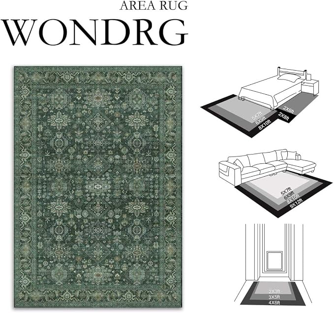 8x10 Washable Area Rug for Living Room Bedroom Vintage Green Non Slip Carpet - Image 2