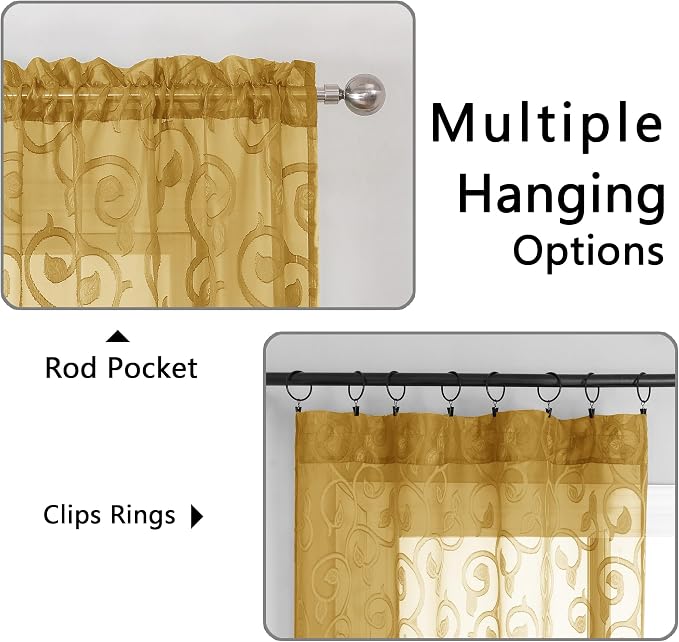 OWENIE Furman Gold Sheer Curtains 45 Inch Length 2 Panels Set - Image 4