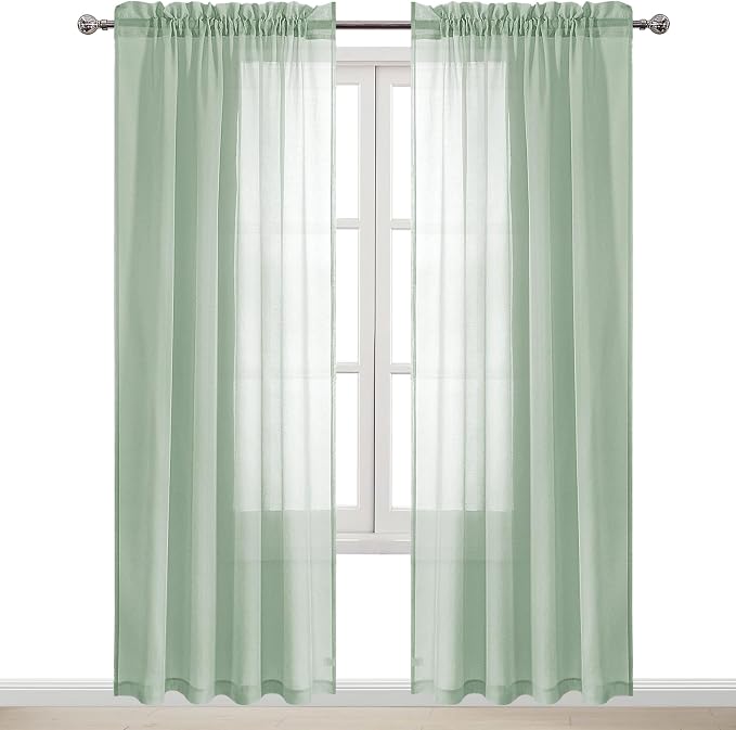 DWCN Bean Green Sheer Curtains Semi Transparent Voile Rod Pocket Curtains - Image 9