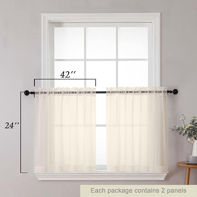 Kitchen Curtains 24 Inch Length Tier 2 Pieces, Cream Sheer Curtain Solid Soft - Image 2