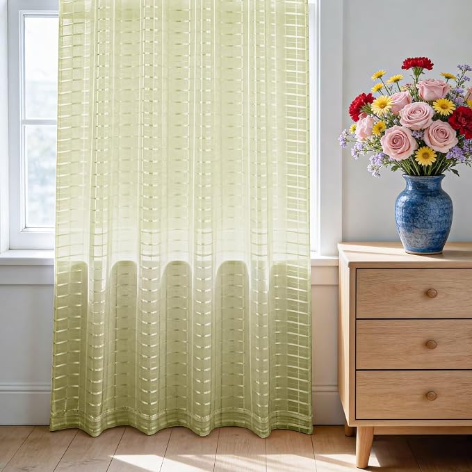 SpaceDresser Check Sheer Curtains 108 Inches 2 Panels Set, Rod Pocket Plaid - Image 3