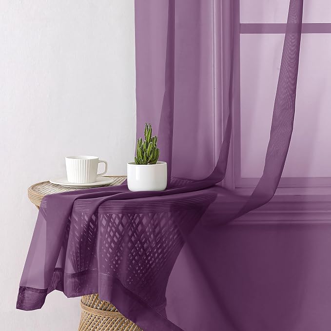 Aiyufeng Plum Purple Sheer Curtains 63 Inches Long 2 Panels Set, Solid Voile - Image 6