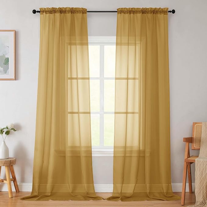 Gold Sheer Curtains for Bedroom Living Room 96 Inches Long 2 Panels, Modern by WelvetBLK