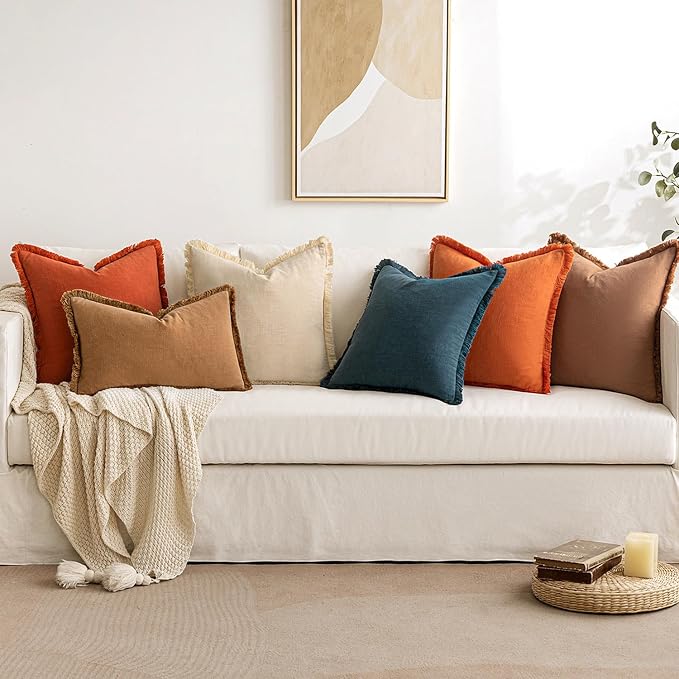 MIULEE Decorative Throw Pillow Covers Neutral Linen Fringe Throw Pillows Set of - Image 7