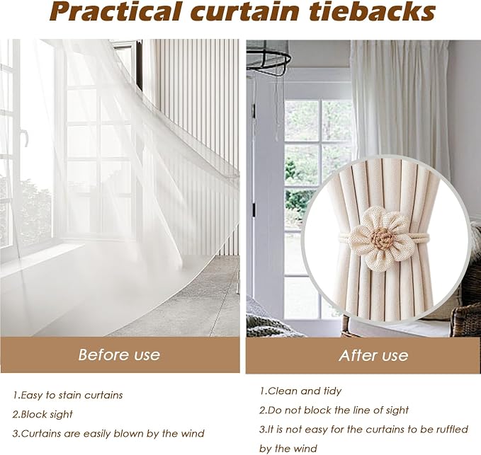 SRG 4pcs Handmade Pearl Curtain Tiebacks Boho Flower Curtain Holdbacks - Image 4