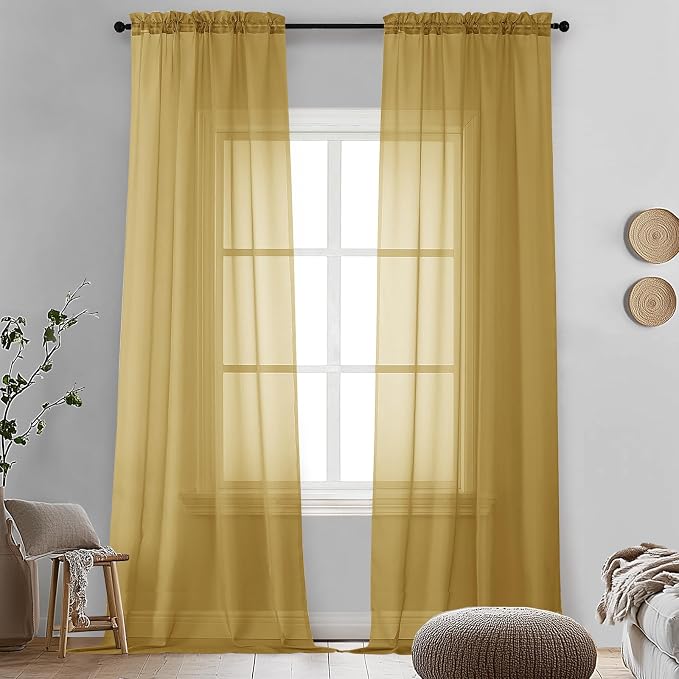 OVZME Gold Sheer Curtains 96 Inches Long 2 Panels by OVZME