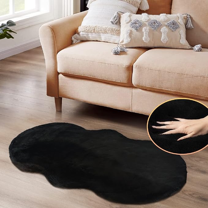 ORINOVA Black Faux Rabbit Washable Fur Area Rugs by ORINOVA