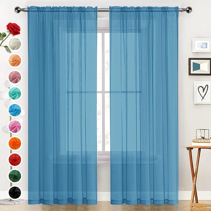 SpaceDresser Basic Rod Pocket Sheer Voile Window Curtain Panels Blue 1 Pair 2 by SpaceDresser